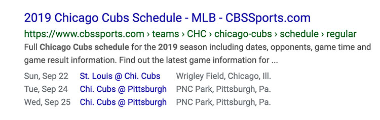 Chicago Cubs schedule 2019 Schema Markup Example